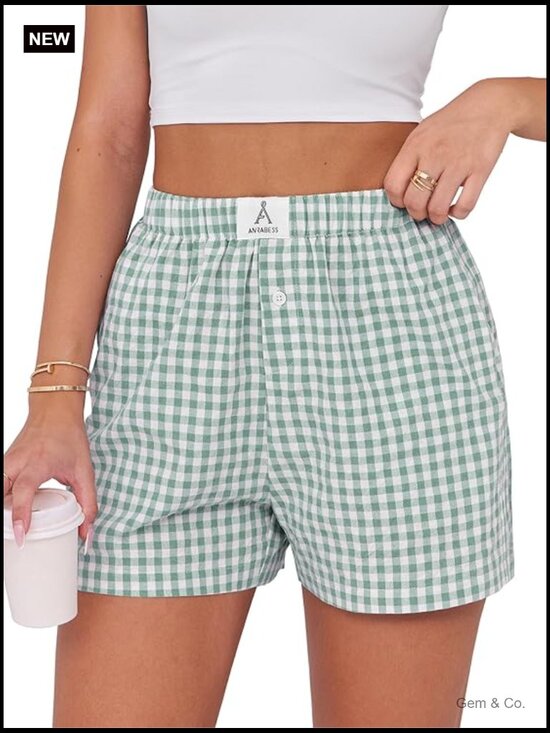 Other - Gingham Plaid Boxer Shorts with Pockets, High Rise, Relaxed Fit